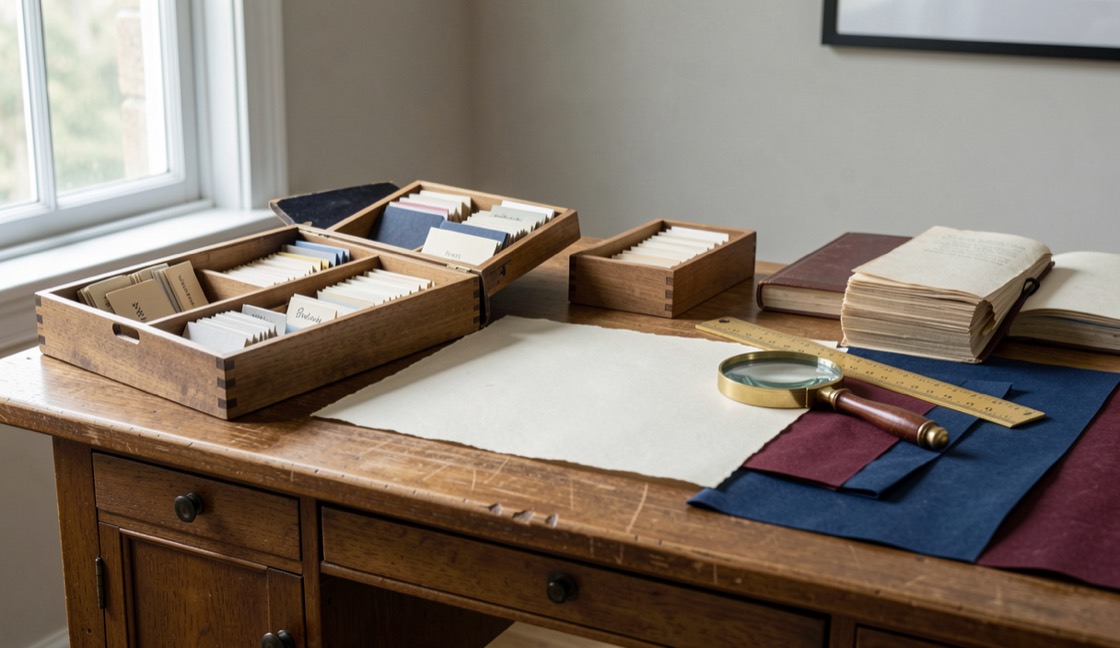 A quiet research table with notes related to The document index